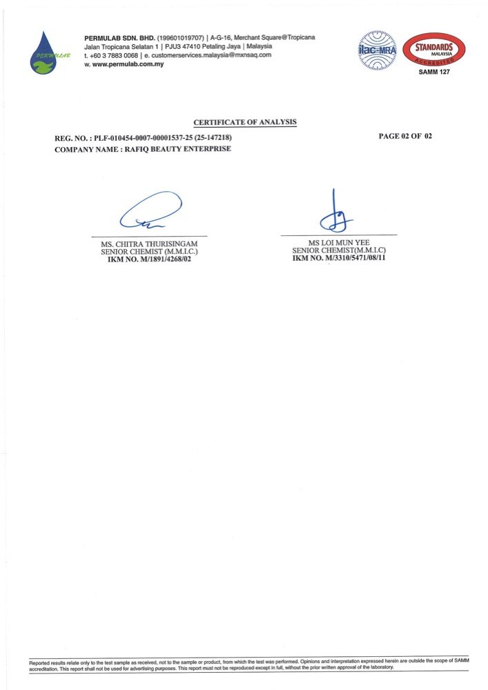 Certificate of Analysis Permulab — muka surat 2, tandatangan ahli kimia