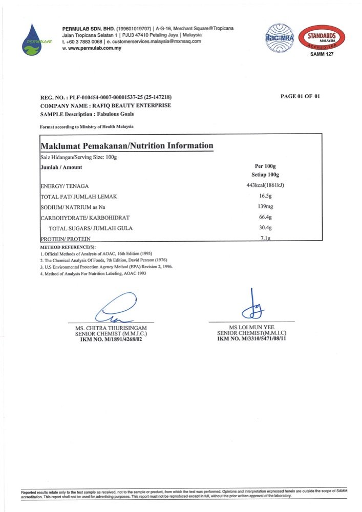 Certificate of Analysis Permulab — muka surat 3, format Maklumat Pemakanan KKM