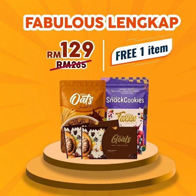 Combo 3 Fabulous Lengkap — 2× Goals + Toxxx + Oats + SnackCookies, RM129 (harga asal RM265), percuma 1 item
