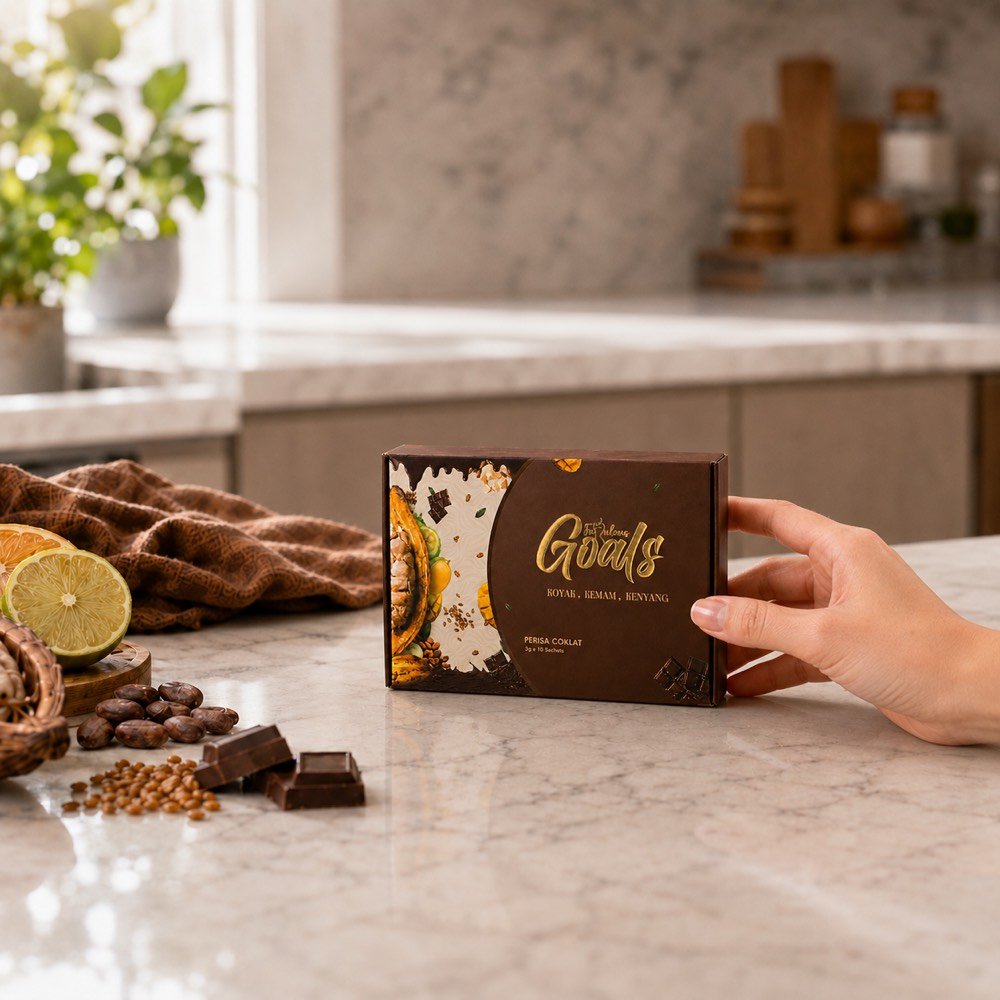 Kotak Fabulous Goals Perisa Coklat di atas kaunter dapur, tangan capai kotak